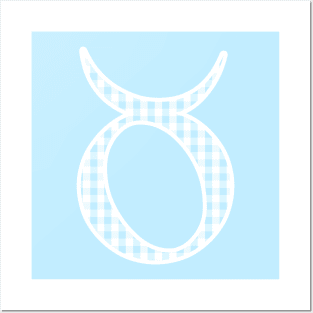 Taurus Zodiac Horoscope Symbol in Pastel Blue and White Gingham Pattern Posters and Art